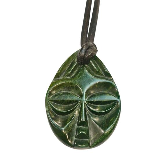 Hand-Carved Verdite Mask Pendant on Leather Cord Necklace | South African Style - Picture 2 of 4
